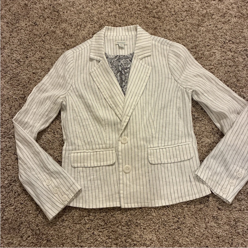 NWT Linen Blend White/Navy Striped Blazer Floral Poly Lining Women XS preppy